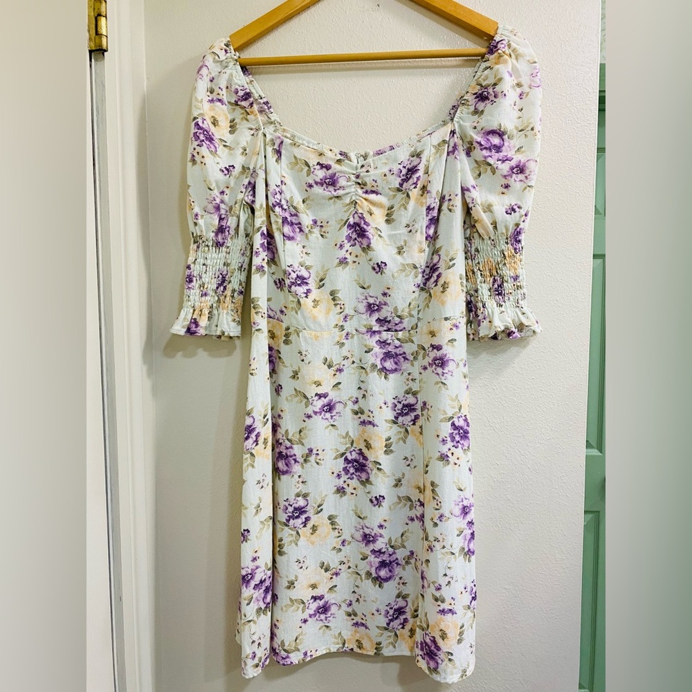 Blue Rain Cream Floral Square-Neck Puff Sleeve Mini Dress Medium - Picture 3 of 7